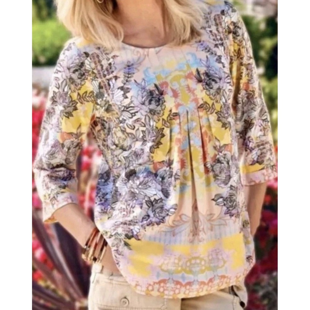 Soft Surroundings Tunic Top Women's Floral Pleated Front 3/4 Sleeve Size PXL